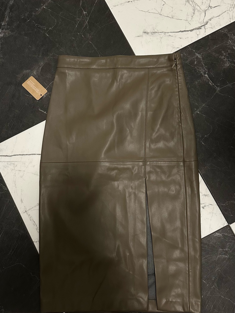 Olive Green Faux Leather Pencil Skirt with Front Slit - Picture 2 of 8